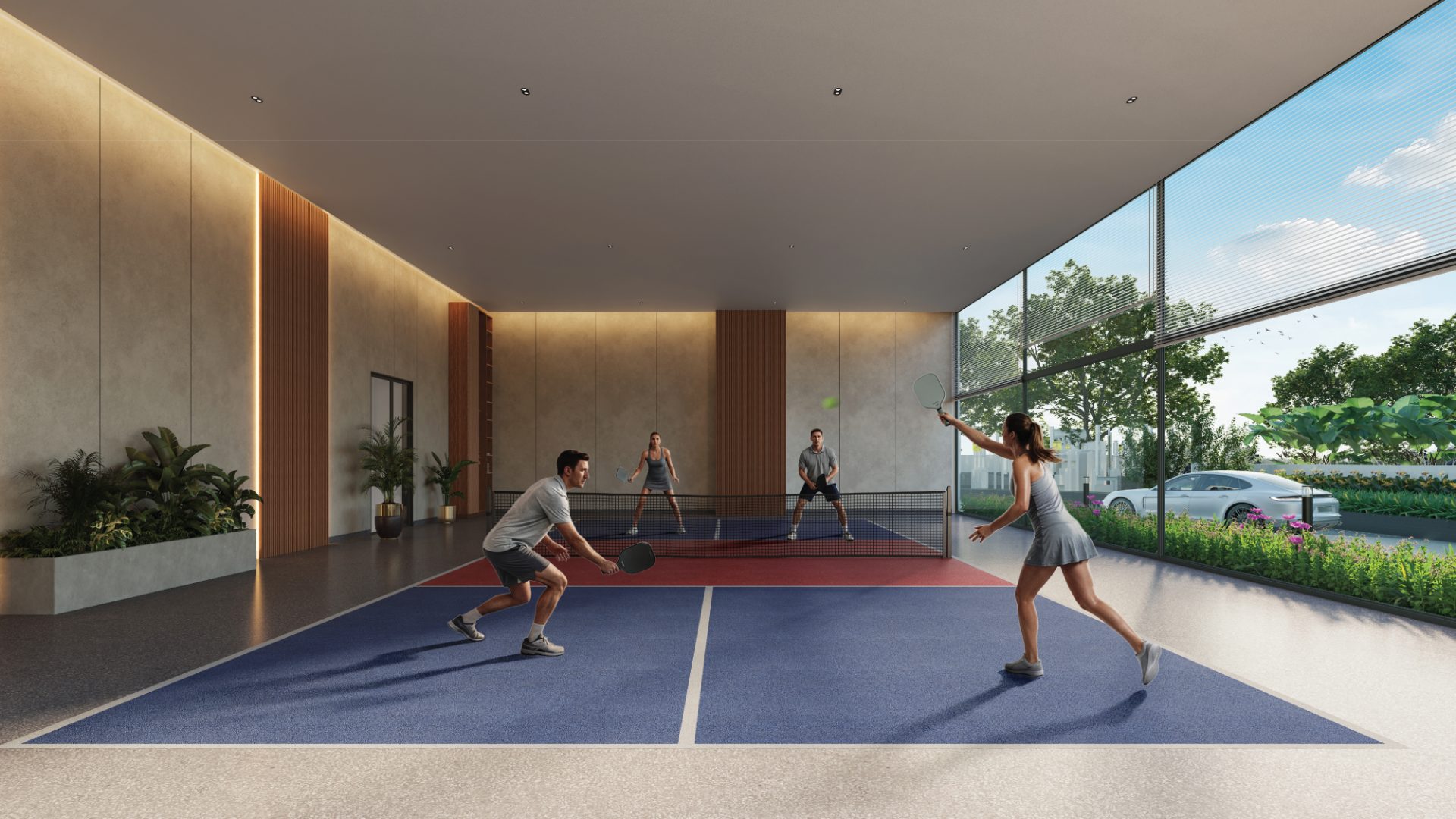 Indoor pickleball court render with players