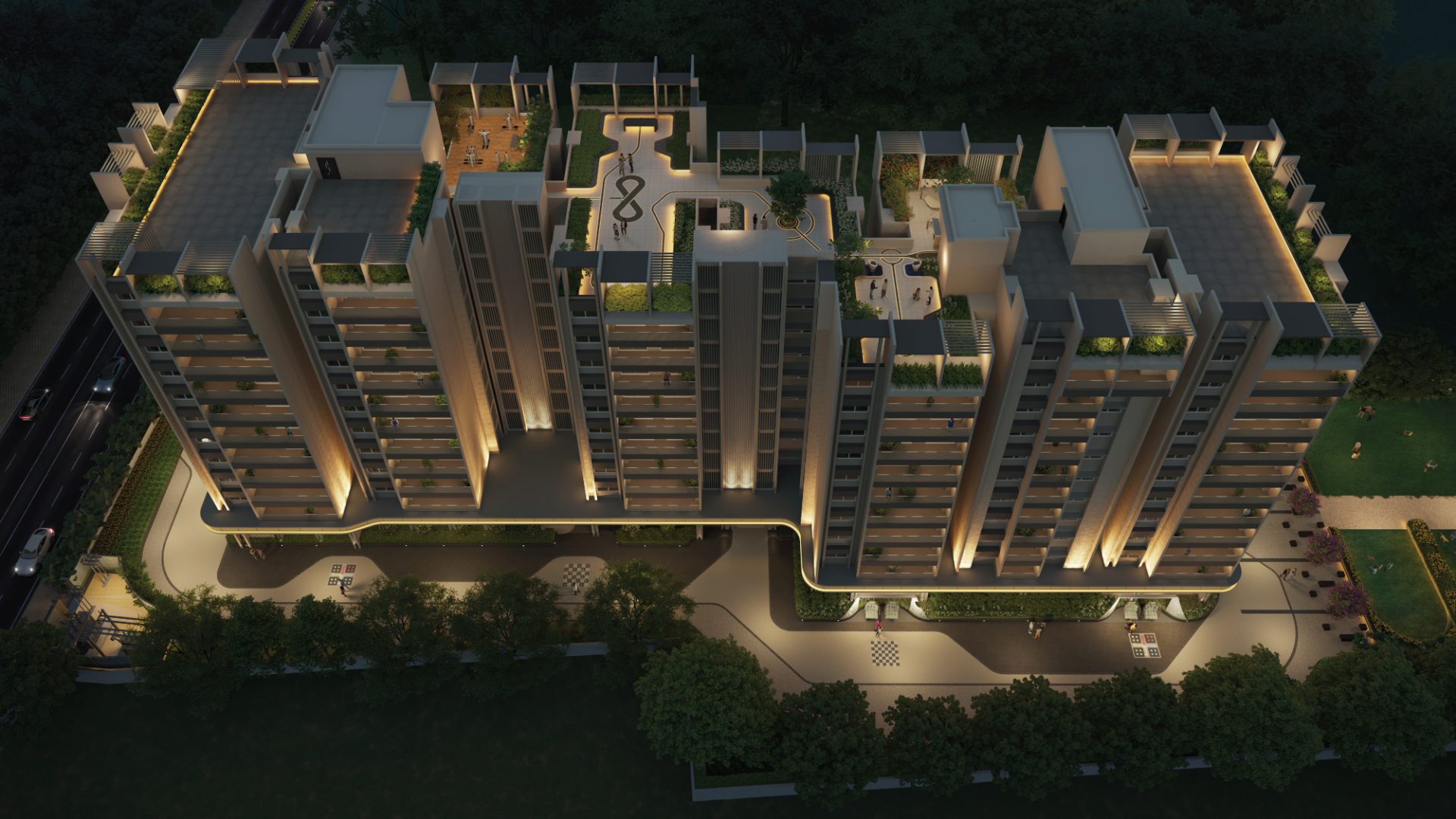 Social plaza with flowering trees render