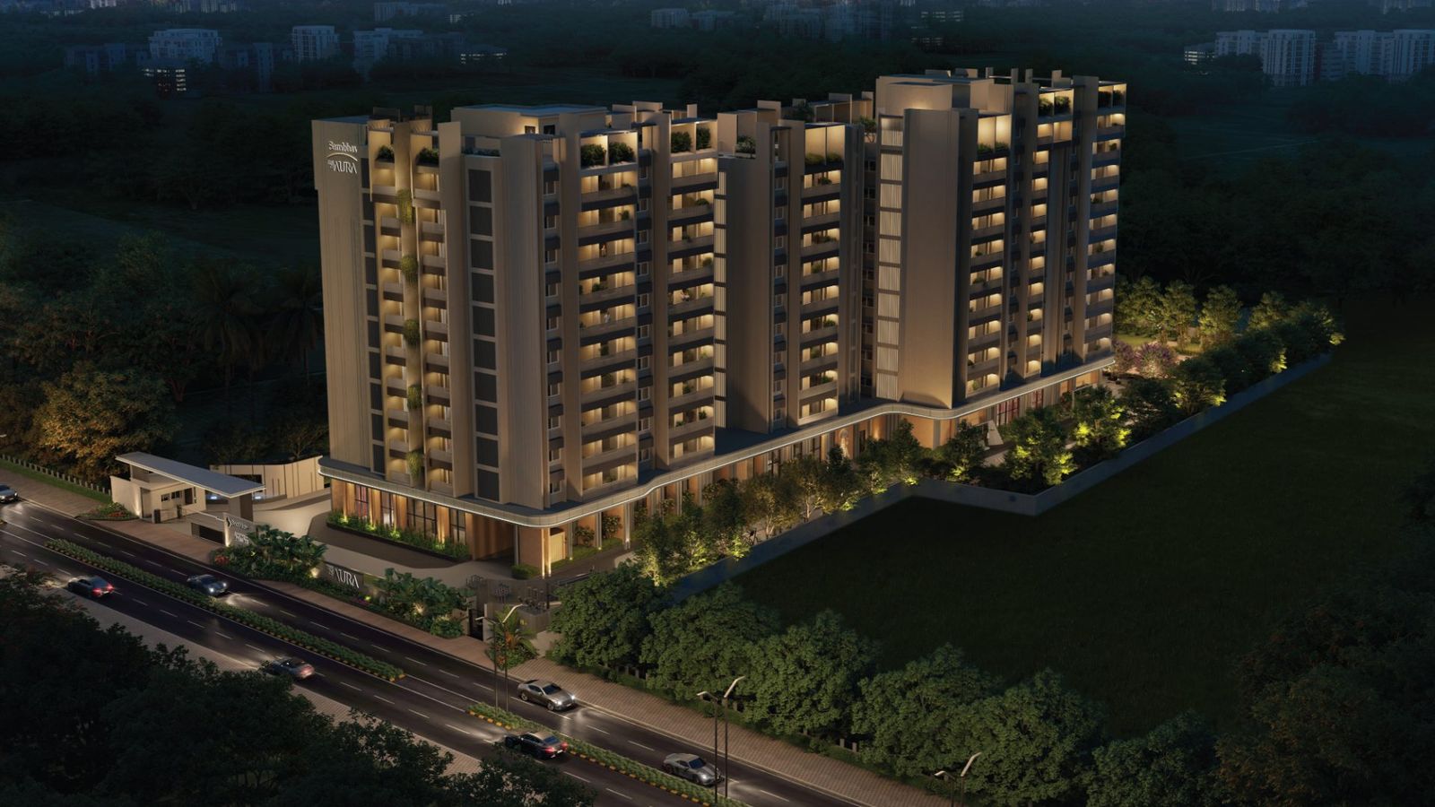 The Rise of Aura, night aerial view of both towers